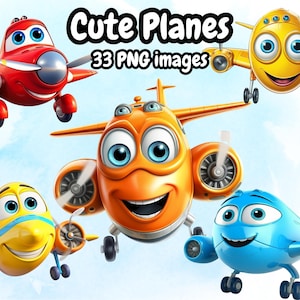 Clipart de aviões fofos, desenhos animados de veículos fofos para crianças, download instantâneo, veículos animados de desenhos animados infantis, presente de clipart PNG de alta qualidade