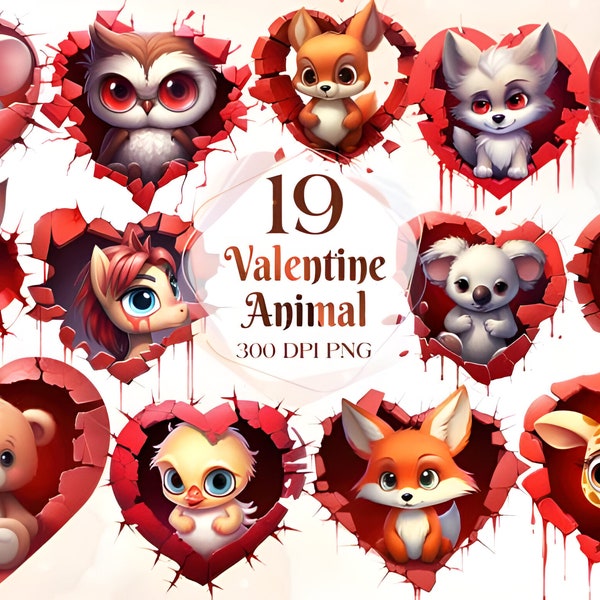 Valentine Animals Broken Heart PNG Collection, Valentines Day Clipart, Romantic Animal PNG Bundle, Commercial Use, Woodland, Safari, Fantasy