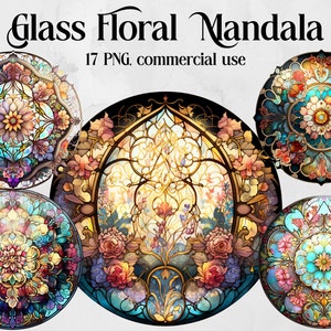 Gebrandschilderd glas aquarel bloemen Mandala clipart. Fantasie en mystieke clipartbundel met transparante achtergrond. Commercieel gebruik Mandala's
