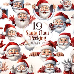 19 PNG Watercolour Santa Claus Peeking Clipart, Christmas Clip art Bundle, Winter Holiday graphic png, Xmas Noel Sublimation, Commercial Use