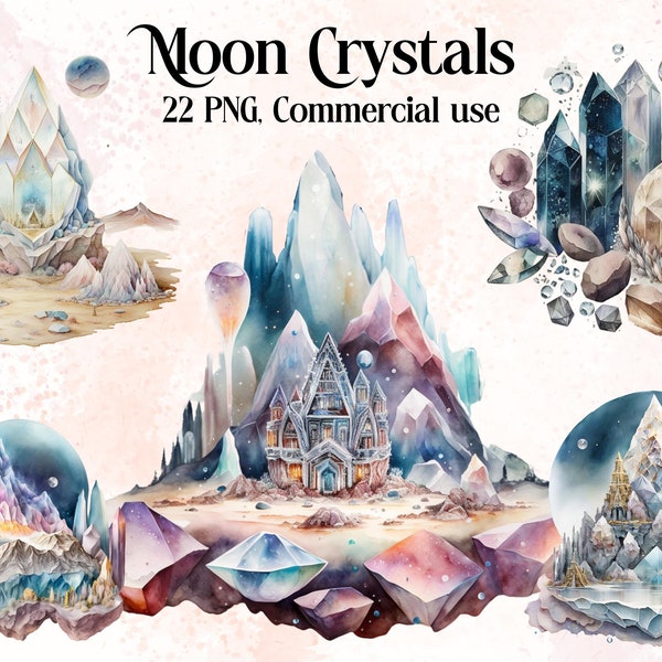 22 Moon Crystals Clip Art - PNG, Beautiful Witchy Spiritual Clip Art, Watercolor Crystal Quartz Amethyst, Instant Download, Commercial Use