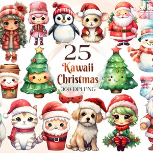 Cute Kawaii Christmas Clipart Set of 65, Watercolor Clipart Bundle, Transparent Png, Santa Reindeers Snowman Hot Cocoa, Digital Download
