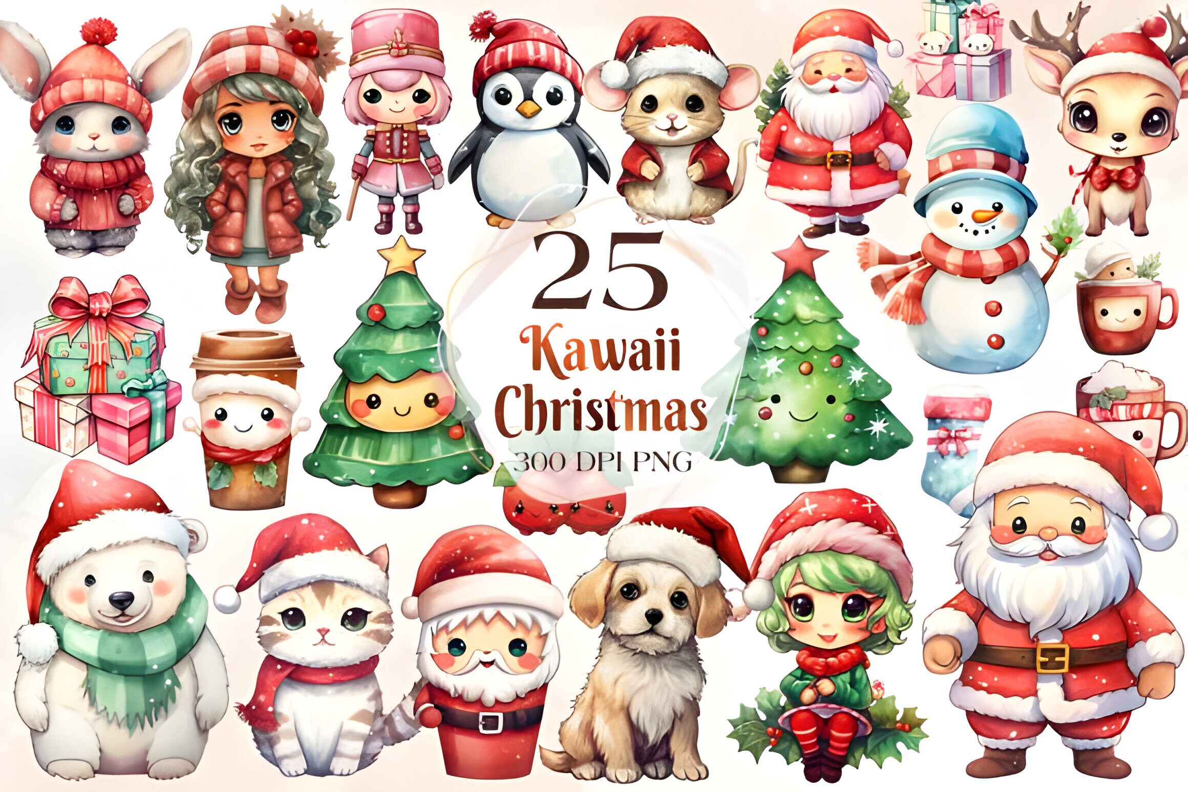 Cute Kawaii Christmas Clipart Set of 65, Watercolor Clipart Bundle ...