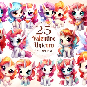 Pacote de unicórnio dos namorados clipart 25 PNG Conjunto fofo de dia dos namorados Conjunto de cartões para artesanato Kit de diário lixo para salas de aula Unicórnios doces românticos