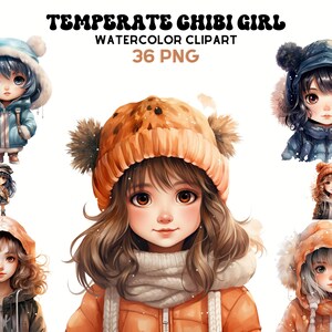Temperate Winter Chibi Girls, Watercolor Girls, Cute Illustrations, Digital Craft Bundle, Scrapbooking Bundle, Whimsical Paper Craft, Tropic