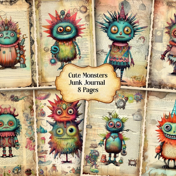 Watercolor Cute Monsters Journal Printable Page, Fantasy Monsters Junk Journal,Junk Journal Paper Digital Collage Sheet, Instant Download