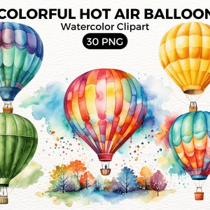 Hot Air Balloons Clipart Set - bright hot air balloons, bunting, balloon, basket - Instant Download, Personal Use, Commercial Use, PNG