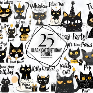 Black Cat Birthday Sublimation - süße schwarze Katzen und Blumen, Bücher, Tasse, Geburtstagshut, Korb, Katze sitzend, Portrait Clipart