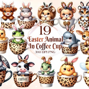 Cute Easter Animals In Coffee Cup PNG BUNDLE sublimation design printable - Complete peeking Animals collection instant digital downloads