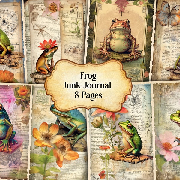 Watercolor Frog Junk Journal Printable Page, Frog Junk Journal Kit, Junk Journal Paper Digital Collage Sheet, Instant Download