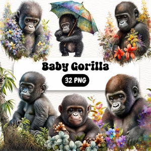 Jungle Animals Clipart PNG Bundle, Baby Gorilla PNG, Watercolor, Baby Jungle Animals PNG, Clipart, Digital Files, Jungle Sublimation,Nursery