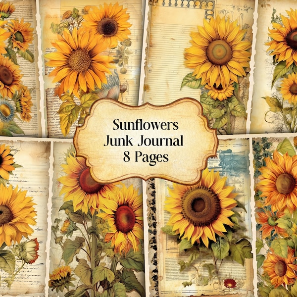 Sunflowers Junk Journal Pages, Vintage Sunflowers Junk Journal Kit, Junk Journal Printable Paper, Digital Collage Sheet, Instant Download