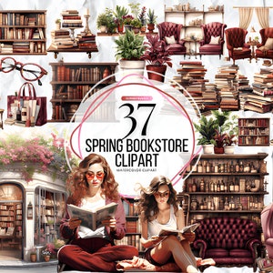 Spring Bookstore Clipart Bundle, book shop , watercolour shop illustration, cute bookstore, cozy ,trend png, commercial use, scrapbooking