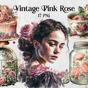Watercolour Vintage Pink Rose Clipart - Vintage Lady PNG Digital Image Downloads for Card Making, Scrapbook, Junk Journal, Paper Crafts