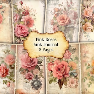 Pink Roses Junk Journal Kit, Vintage Red Roses Junk Journal Pages, Dictionary page Junk Journal Printable Paper, Digital Collage Sheet