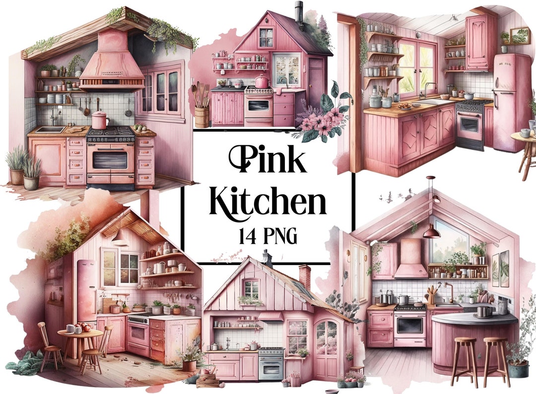 Pink Cottage Kitchen Clip Art, Watercolor Kitchen Clip Art Bundle ...