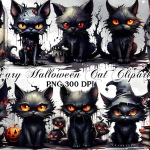 Scary Halloween Cats Clipart PNG Fantasy Cat Black Clipart Halloween Printable Clipart Magic Animals png Scrapbook Paper craft Card making