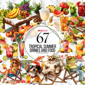 Watercolor Tropical Summer Drinks and Food Clipart Bundle of 67 - Transparent Background - Digital Download PNG Graphics - Commercial Use