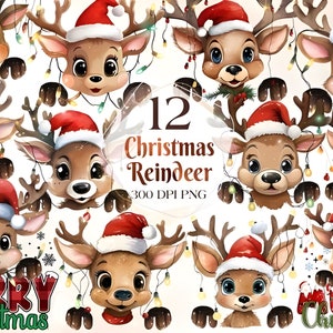 Christmas Reindeer Clipart Bundle - PNG & 12 High Quality JPG - Digital Downloads - Commercial Use, Watercolor, Xmas Gift, Digital Craft