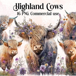 Highland Floral Cows PNG Clipart Bundle, Cow Watercolor Clipart, Cute Baby Shower Graphics, Nursery Decor Wall Art, Farm Animal Digital PNG