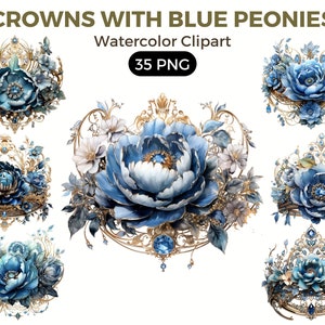 Royal Crowns With Blue Peonies Flowers Clipart, Watercolor floral clipart, bouquets, flowers, nursery, wreath, blossom, portraits clipart