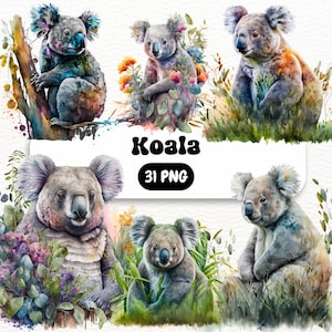 Pode incluir: Um conjunto de cinco ilustrações de aquarela de coalas em várias poses, cercados por vegetação exuberante e flores. As ilustrações são de estilo caprichoso e apresentam cores vibrantes.