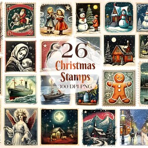 Vintage Christmas Stamps Clipart | Painted Christmas Clipart | Christmas Illustrations | PNG Graphics | Instant Download for Commercial Use