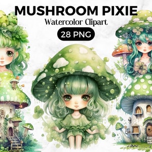 May include: Watercolor clipart set of mushroom pixies. The set includes three different mushroom houses with pixie characters. The mushrooms are green and white with white spots. The pixies have green hair and wear green dresses. The set includes 28 PNG files.