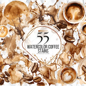 Aquarel koffievlekken clipart, ontbijt en espresso koffie kar PNG sublimatie formaat instant download voor commercieel gebruik