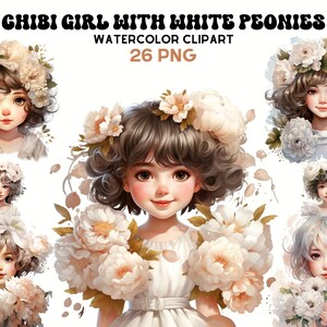 Chibi Girls With Peonies, Watercolor Girls, Cute Illustrations, Digital Craft Bundle, Scrapbooking Bundle, Whimsical Paper Craft Digital