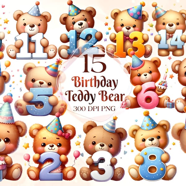 Clipart anniversaire ours en peluche - 15 PNG de haute qualité, livre de souvenirs, journaux indésirables, albums de coupures, agendas numériques, usage commercial, numérique