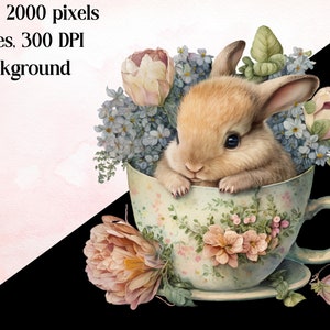 Watercolour Spring Teacup Bunny Clipart Easter Rabbits PNG Digital