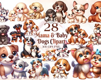 Watercolor Cute Mom and Baby Dog Clipart, Cute Dogs Animal Nursery, Bear Bunny Kitten Mom Daughter Son Mother's Day Baby Shower Png