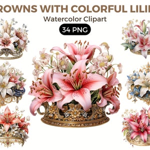 Royal Crowns With Lily Flowers Clipart, Watercolor floral clipart, bouquets, flowers, nursery, wreath, blossom, for portraits, accessories