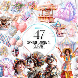 Clipart carnaval printemps pastel, aquarelle fête foraine PNG numérique Clip Art, lot de cliparts vacances, illustrations de voyage pour enfants, 300 DPI