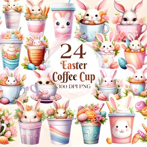 Clipart della tazza di caffè di Pasqua dell'acquerello - Conigli di Pasqua PNG Download di immagini digitali per la creazione di cartoline, album di ritagli, diario spazzatura, artigianato di carta
