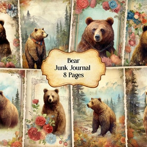 Watercolor Bear Junk Journal Printable Page, Bear Junk Journal Kit, Junk Journal Paper Digital Collage Sheet,Instant Download,Forest animals