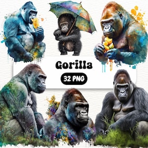 Jungle Animals Clipart PNG Bundle, Baby Gorilla PNG, Watercolor, Baby Jungle Animals PNG, Clipart, Digital Files, Jungle Sublimation,Nursery