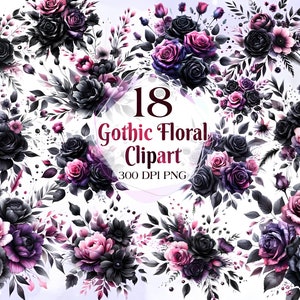 Flores góticas Clipart Floral PNG Imagens de flores místicas Impressão botânica Flores de fantasia escura png Preto Scrapbooking Papel artesanal Fabricação de cartões