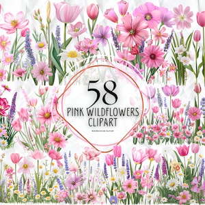 Aquarela Rosa Floral Clipart Flores silvestres clipart floral png Conjunto de bordas florais - Clipart de casamento - Flores silvestres rosa suaves - Uso comercial