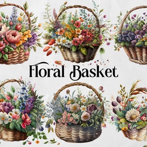 Floral Basket ClipArt, Watercolor Flowers PNG, Romantic Flower Basket Clipart, Vintage PNG, Commercial Use, Instant Digital Download