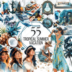 Akwarela Tropikalne Wakacje Letnie Plaża Wakacje Clipart Bundle, Lato clipart, plaża clipart, fale, surfing, wakacje tropikalne clipart