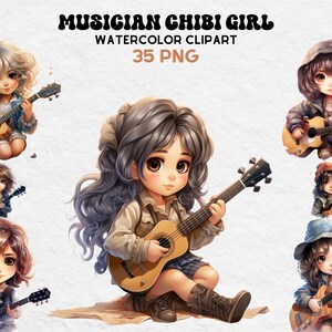 Cute Musician Chibi Girls, Watercolor Girls, Cute Illustrations, Digital Craft Bundle, Scrapbooking Bundle, Whimsical Paper Craft, Tropic