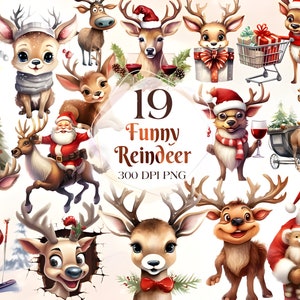 Christmas Reindeer Clipart Bundle - 1 PNG & 10 High Quality JPG - Digital Downloads - Commercial Use, Watercolor, Xmas Gift, Digital Craft