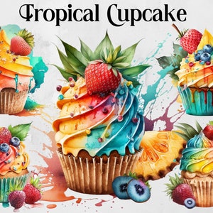 Aquarell tropische Cupcakes Clipart - tropische Früchte PNG digitale Bild-Downloads für die Kartenherstellung, Scrapbook, Junk Journal, Papierhandwerk