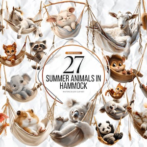Aquarelle d'animaux mignons d'été dans un hamac PNG | Clipart | Fond transparent de bébés animaux | Art imprimable animaux de pépinière à usage commercial