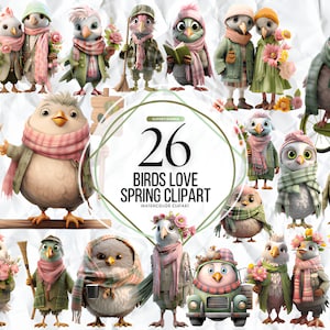 Lot de cliparts drôles d'oiseaux amoureux du printemps | Graphiques d'oiseaux fantaisistes | Art de journal indésirable | Pack PNG | Fichiers de sublimation| Illustration numérique