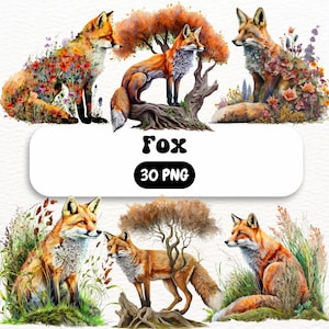 Watercolor Fox Clipart, painted foxes clipart, woodland animal illustrations, PNG graphics, scrapbook embellishments commercial use