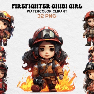 Cute Firefighter Chibi Girls, Watercolor Girls, Cute Illustrations, Digital Craft Bundle, Scrapbooking Bundle, Whimsical Paper Craft, Tropic