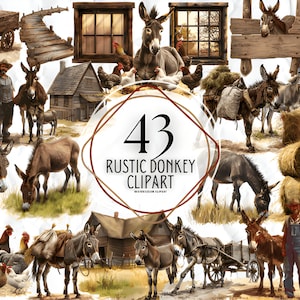 Burro Rústico Clipart PNG - Burro Gruñón, Imágenes Prediseñadas de acuarela imprimible, Descarga digital, Artesanía de papel, diarios basura